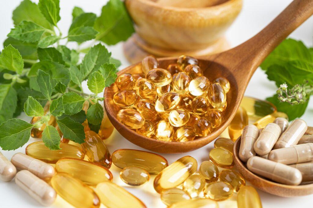 Alternative medicine herbal organic capsule with vitamin E omega 3 fish oil, mineral, drug